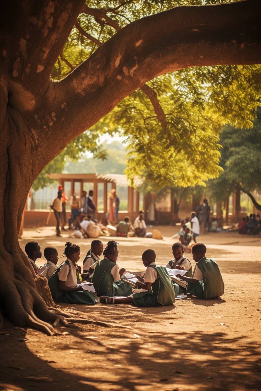 Ghanaian primary school children having school classes outside under a tree because there is not enough room in the school.